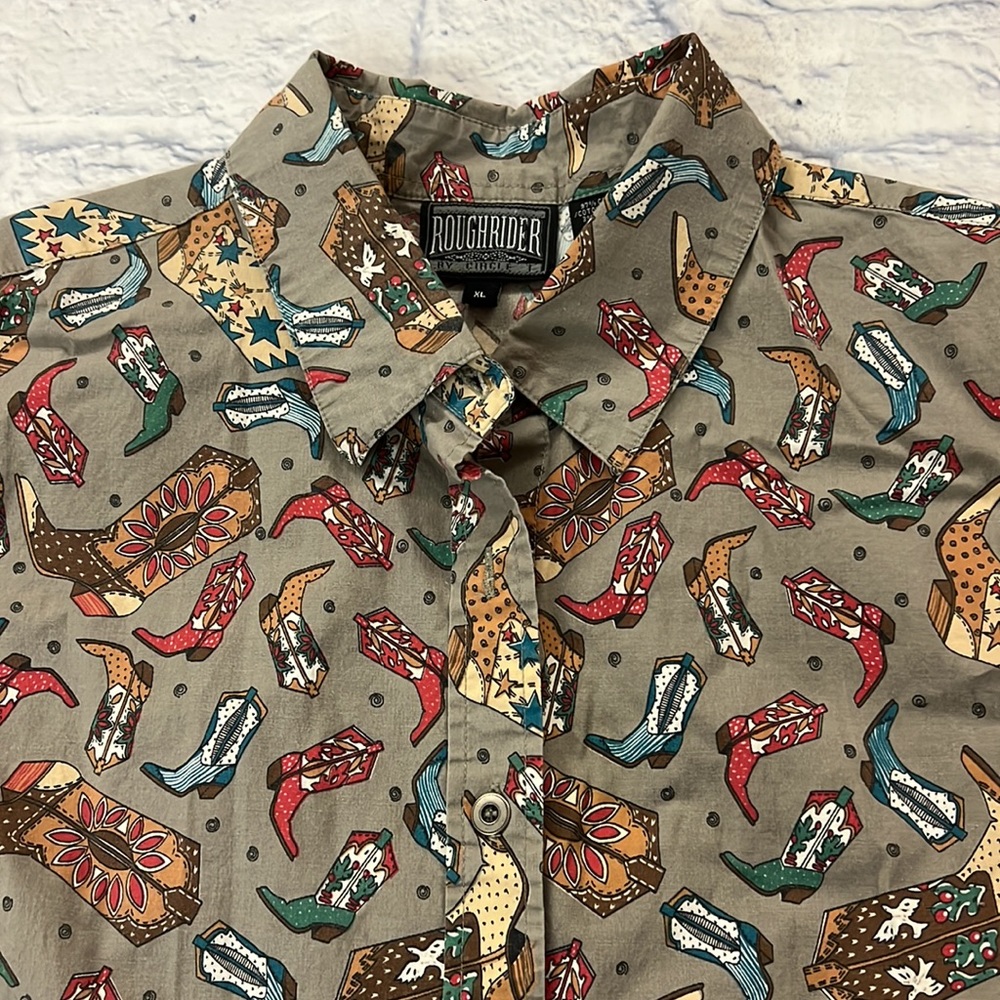 Vintage Rough Rider/Circle T cowgirl multi color boot button down shirt.